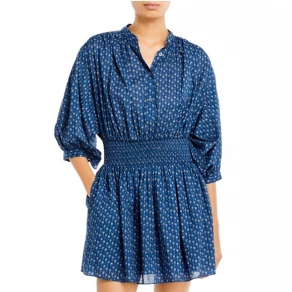 Rebecca Taylor Long Sleeve Ikat Shirtdress Indigo Blue Puff Sleeve Smocked Sz S - Picture 7 of 16